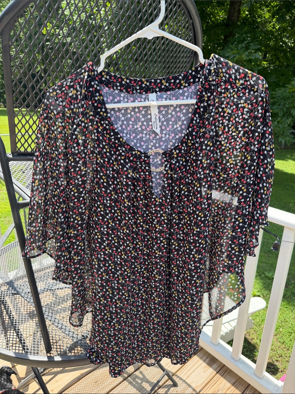 Black Sheer Floral Dot Blouse with Keyhole Detail